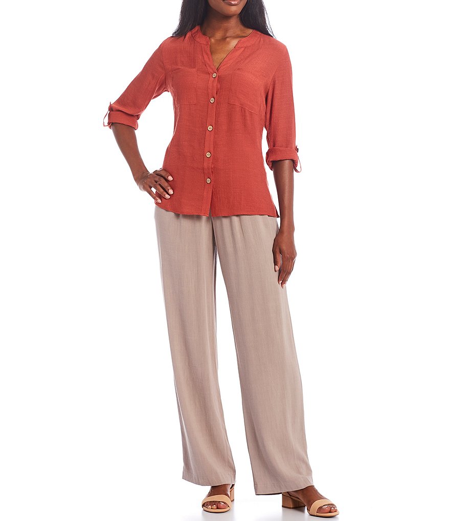 I.N. Studio Solid Gauzy Texture 3/4 Roll-Tab Sleeve Button Down Shirt