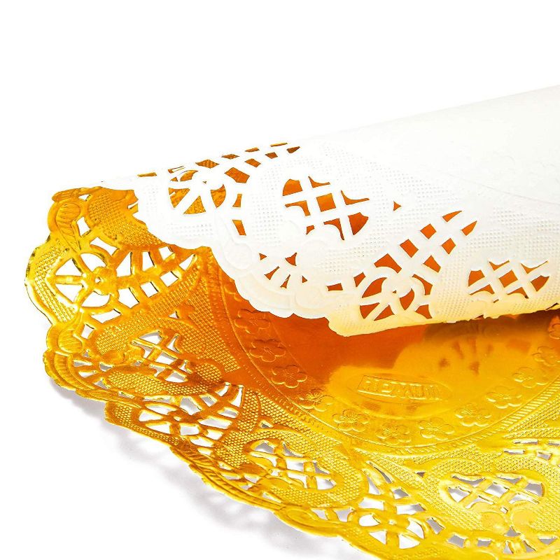 Juvale 100 Piece Gold Disposable Oval Paper Doilies Lace for Art & Craft Pastry Decorations, 7.5 x 10.5 in
