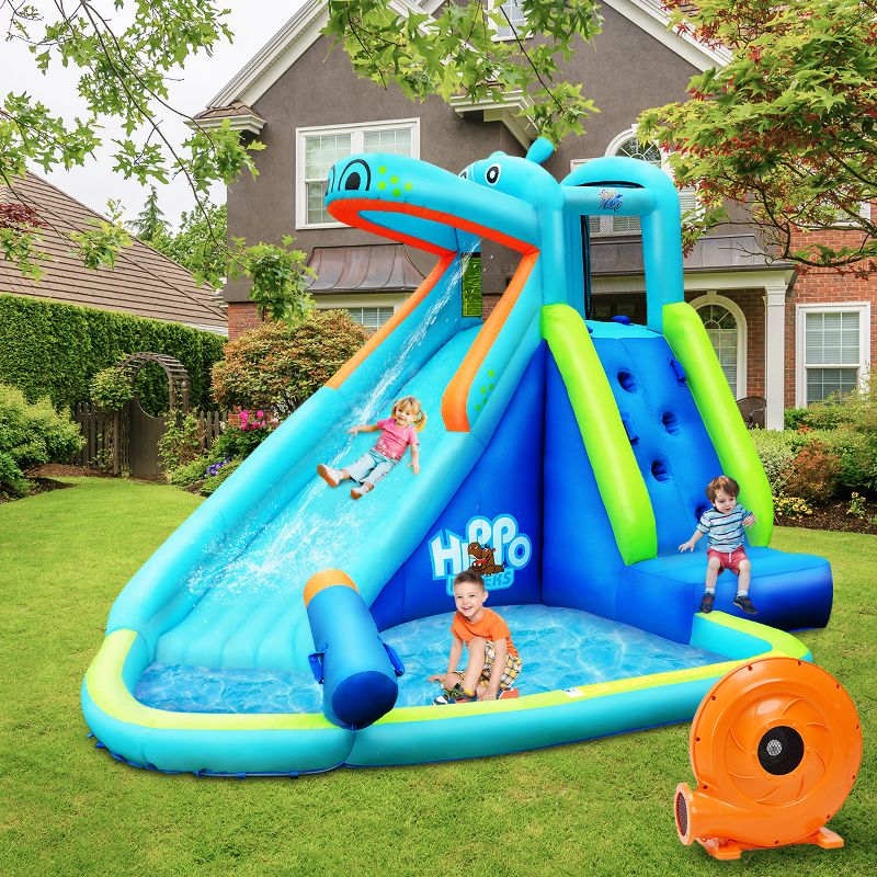 Costway Inflatable Kids Hippo Bounce House Slide Climbing Wall Splash Pool w/740W Blower