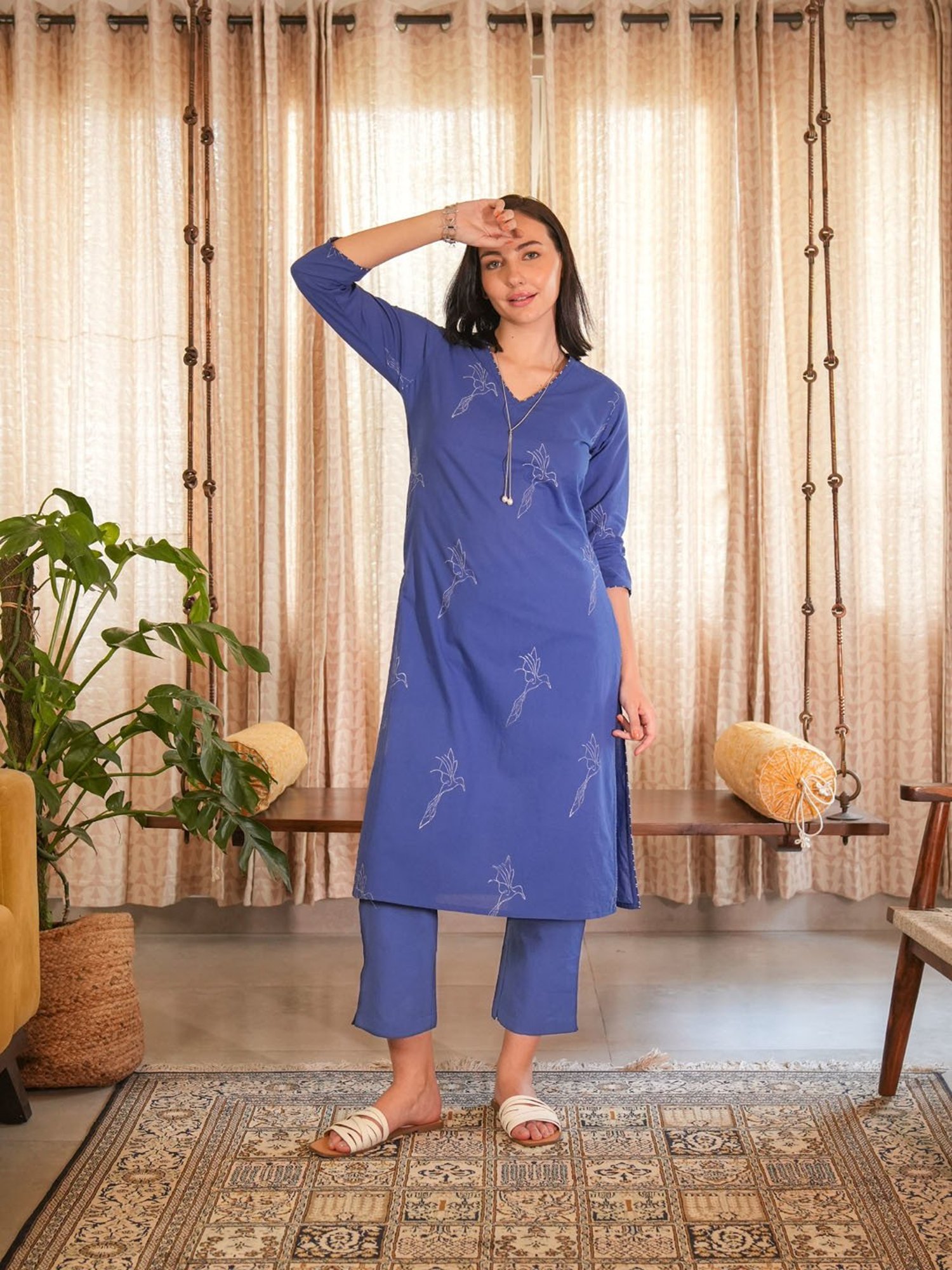 Akiso Royal Blue Hand Block Printed Straight Kurta Set ( Set Of 2 )