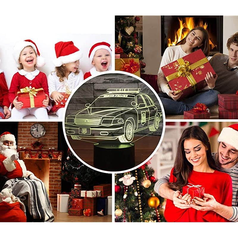 World Police Car Night Light 3D Optical Illusion Lamp LED Desk Table Lamp with Touch Switch Button Control 7 Colors Change USB Cable Lighting Toy for Car Lover Kids Boys Gift Room Decoration