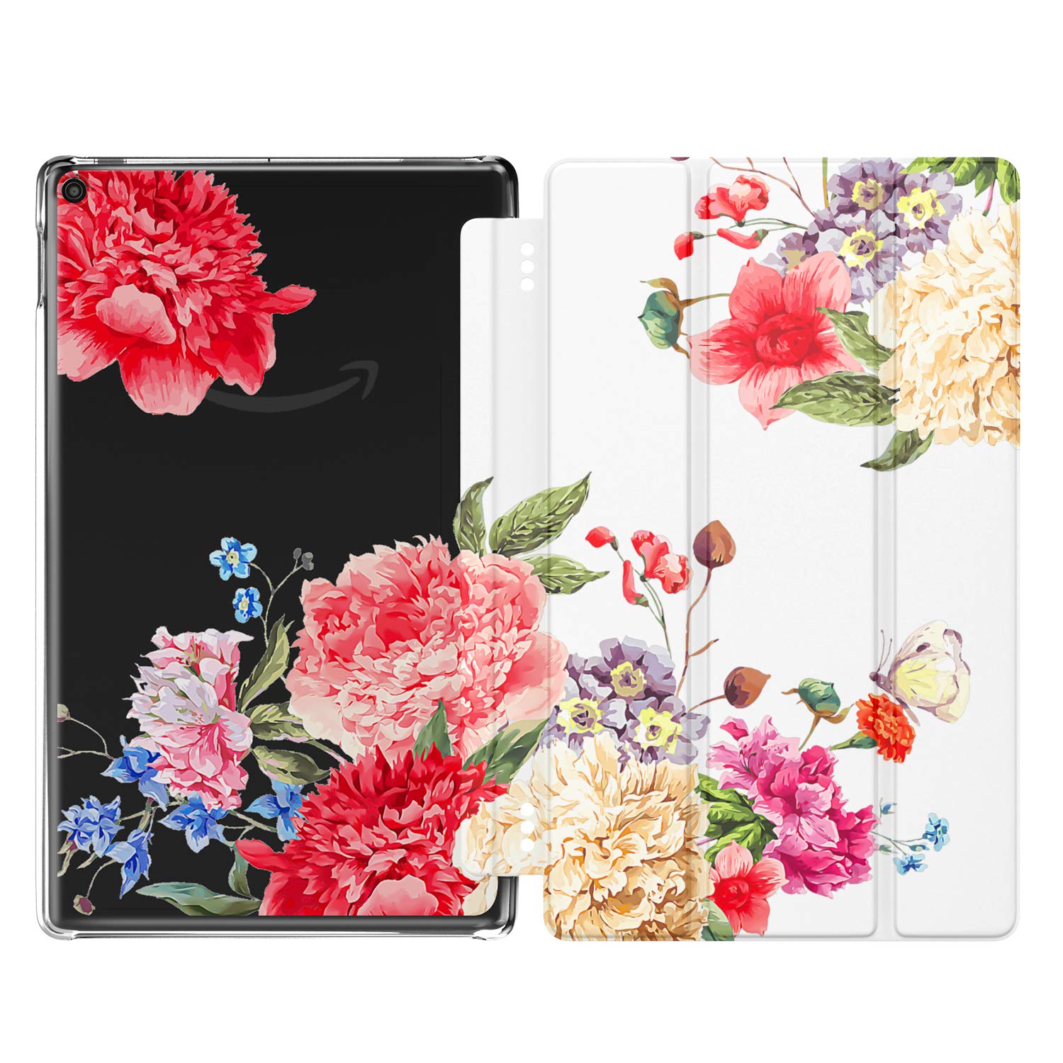 MoKo Case Fits All-New Fire HD 10 (7th Generation and 9th Generation, 2017 and 2019 Release), Smart Shell Stand Cover with Translucent Frosted Back for Fire HD 10.1 Inch - Flowers Blossom
