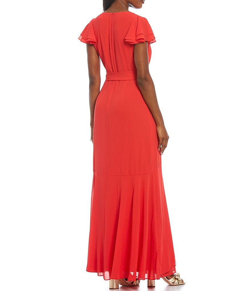 Eliza J Chiffon Ruffle Wrap Flutter Sleeve V-Neck Maxi Dress