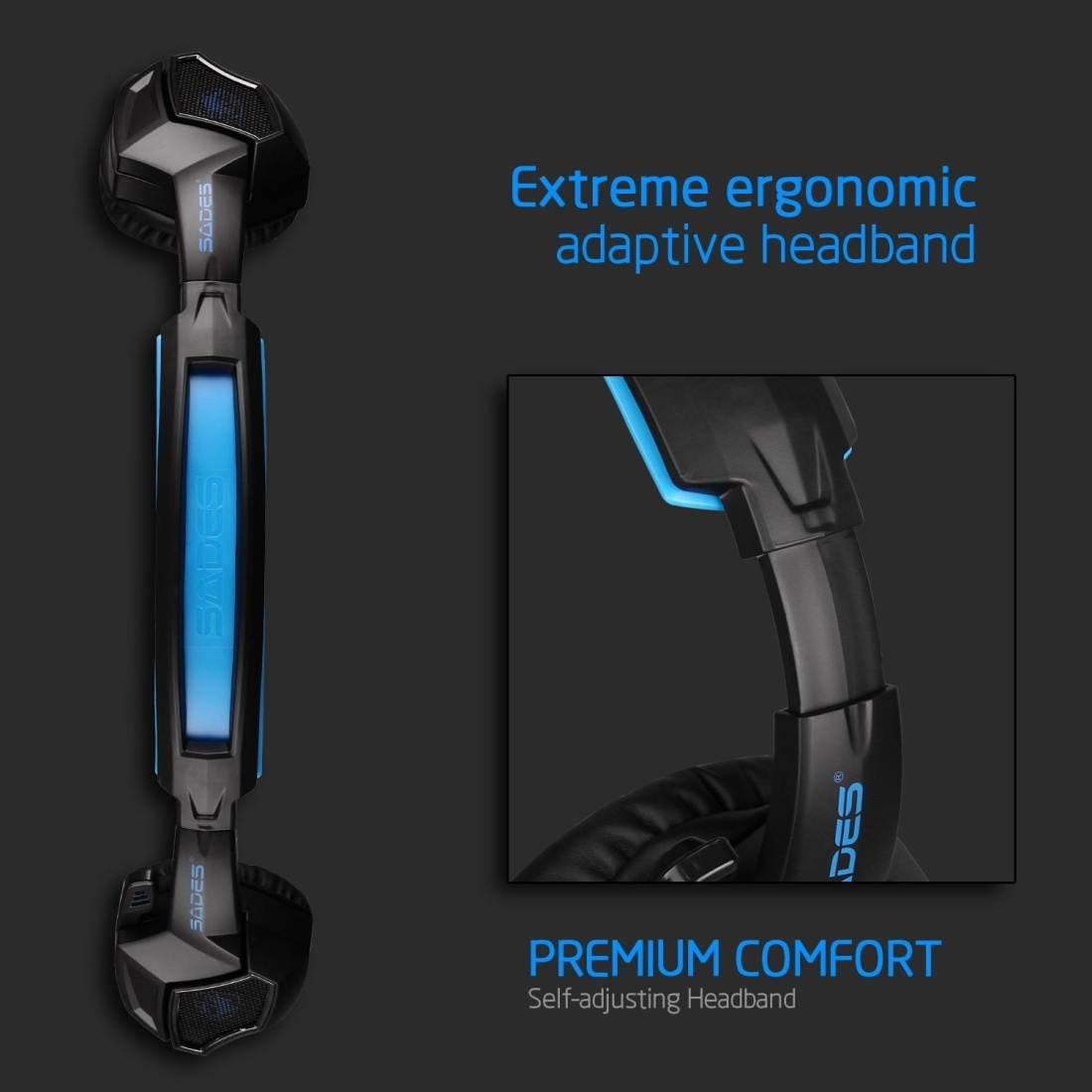 SADES WOLF SPIRIT 3.5 USB Wired Adjustable Gaming Headphone with Breathing Light & Hidden Microphone & 1 to 2 3.5mm Audio Cable, Length: 2m (Black Blue)