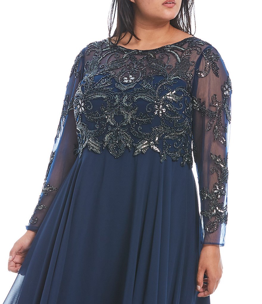 Xscape Plus Size Jewel Neck Long Sleeve Beaded Bodice Chiffon Gown