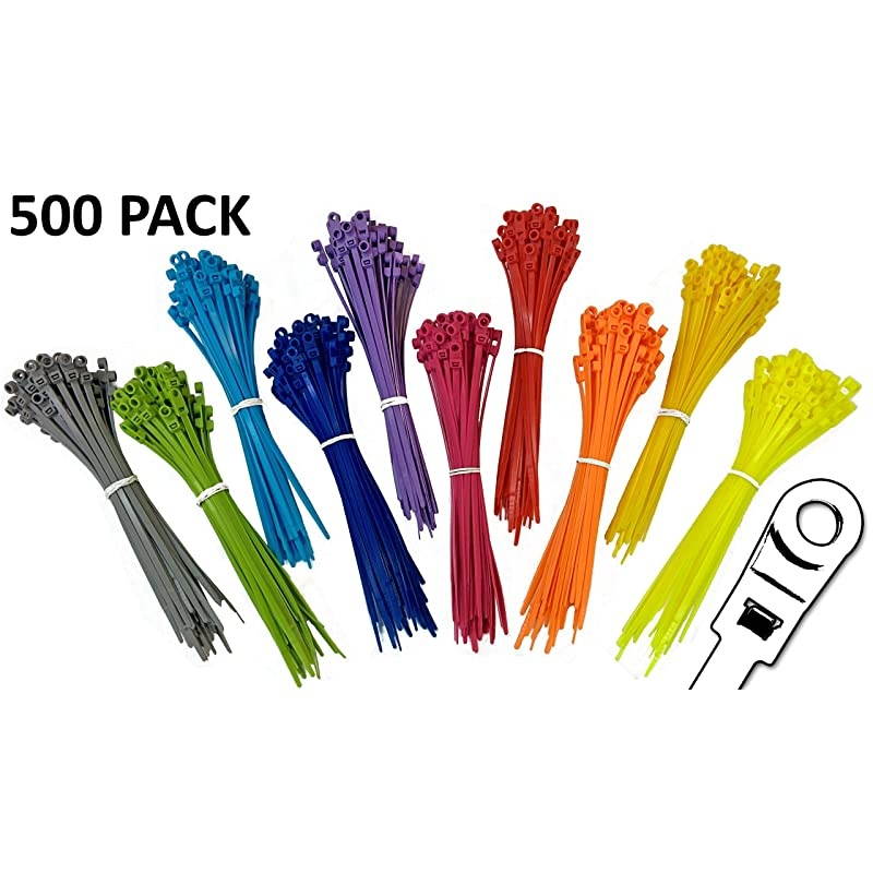 8" Nylon Mounting Cable Ties Plastic Mount Head Screw Zip Ties - 50 lbs - 500 Pack - Multicolor (Blue, Red, Green, Yellow, Fuchsia, Orange, Gray, Purple)