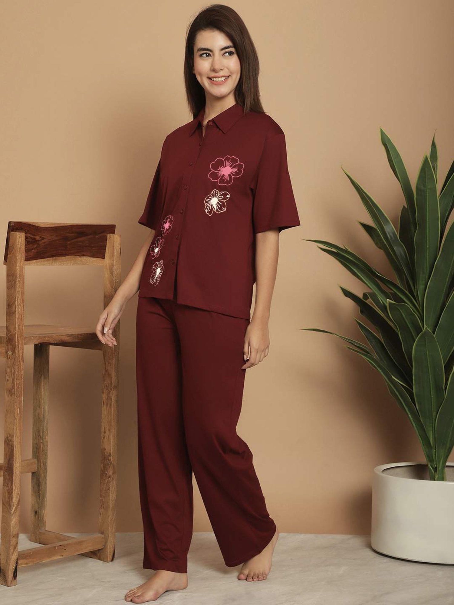 Kanvin Red Cotton Printed Shirt Pyjamas Set