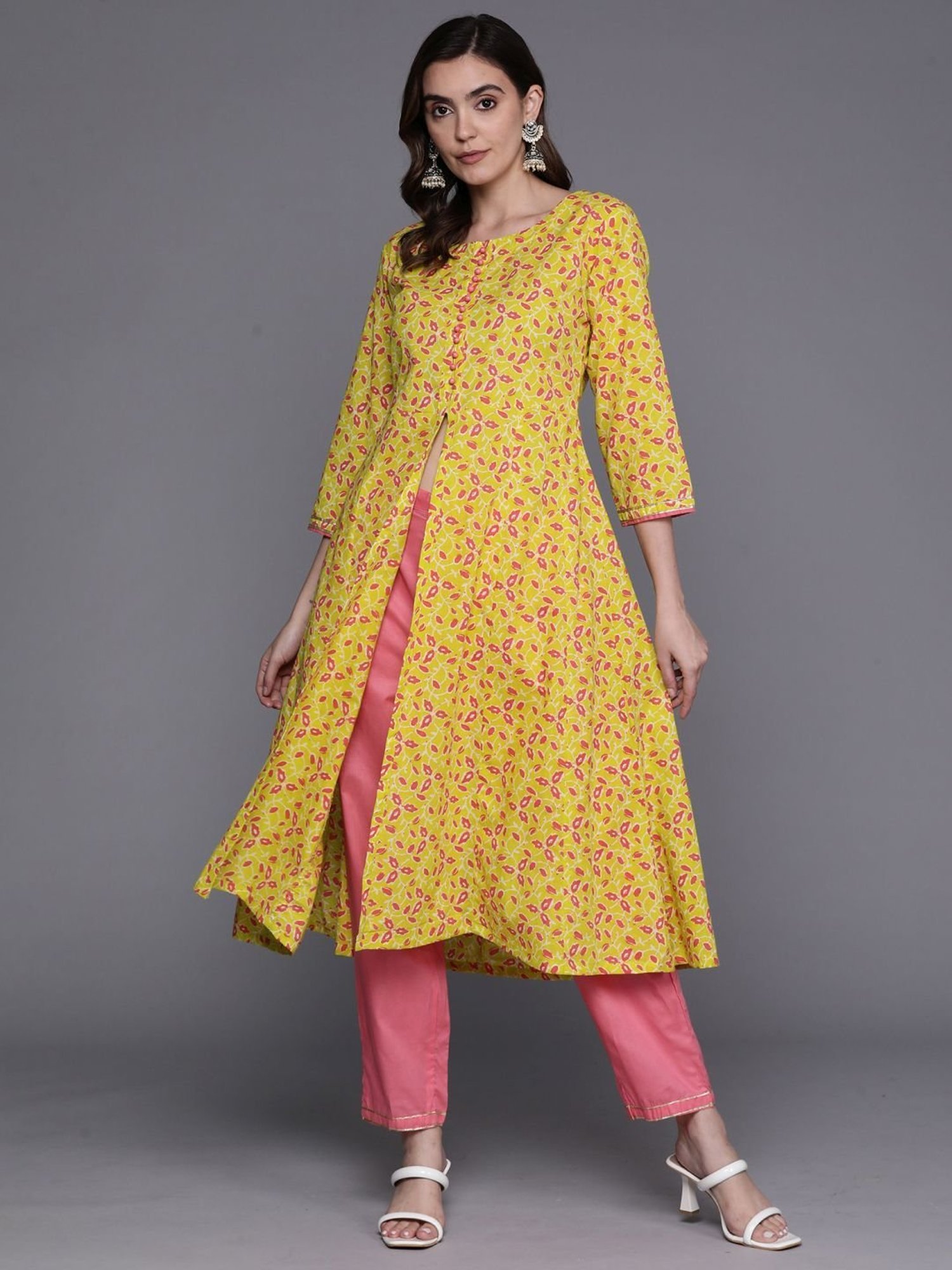 Indo Era Yellow & Pink Cotton Printed Kurta Pant Set