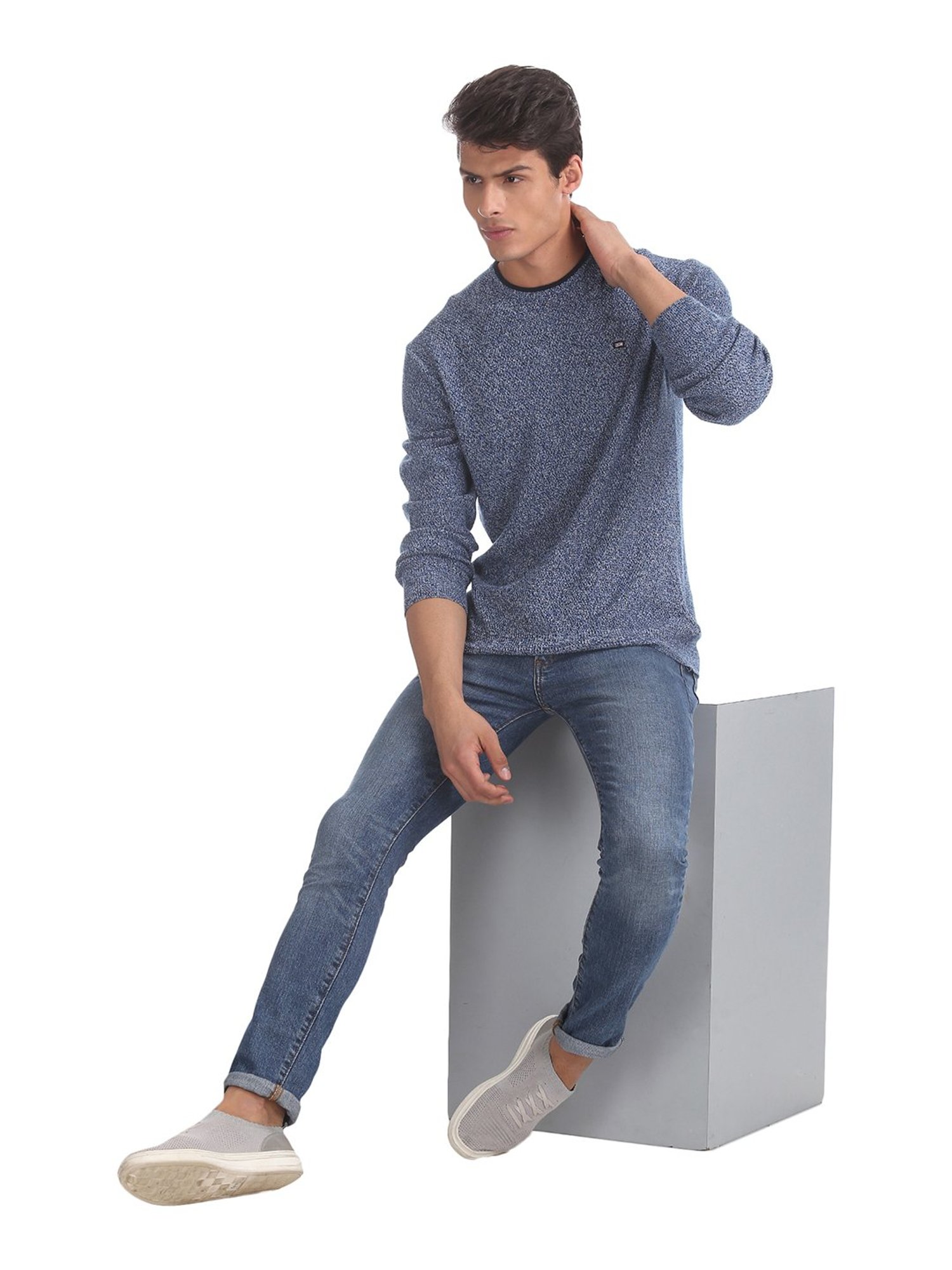 Arrow Blue Self Design Sweater