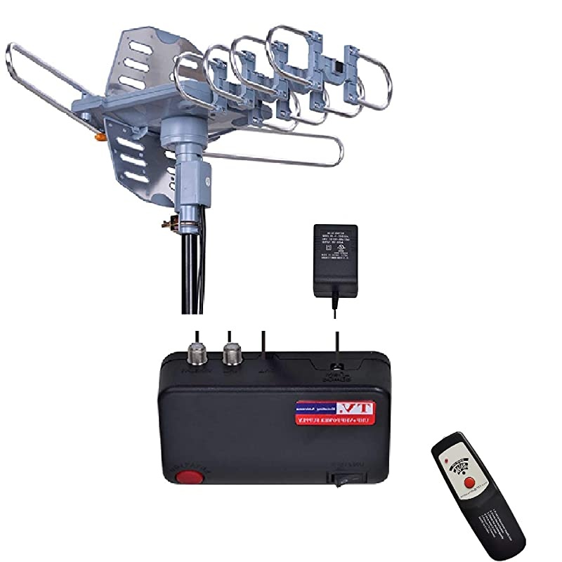 Miles Range Amplified Digital Outdoor TV Antenna with Mount Pole 4K1080p High Reception 40feet RG6 Coaxial Cable360 Degree Rotation Wireless Remote Snap On Installation2 TVs Function