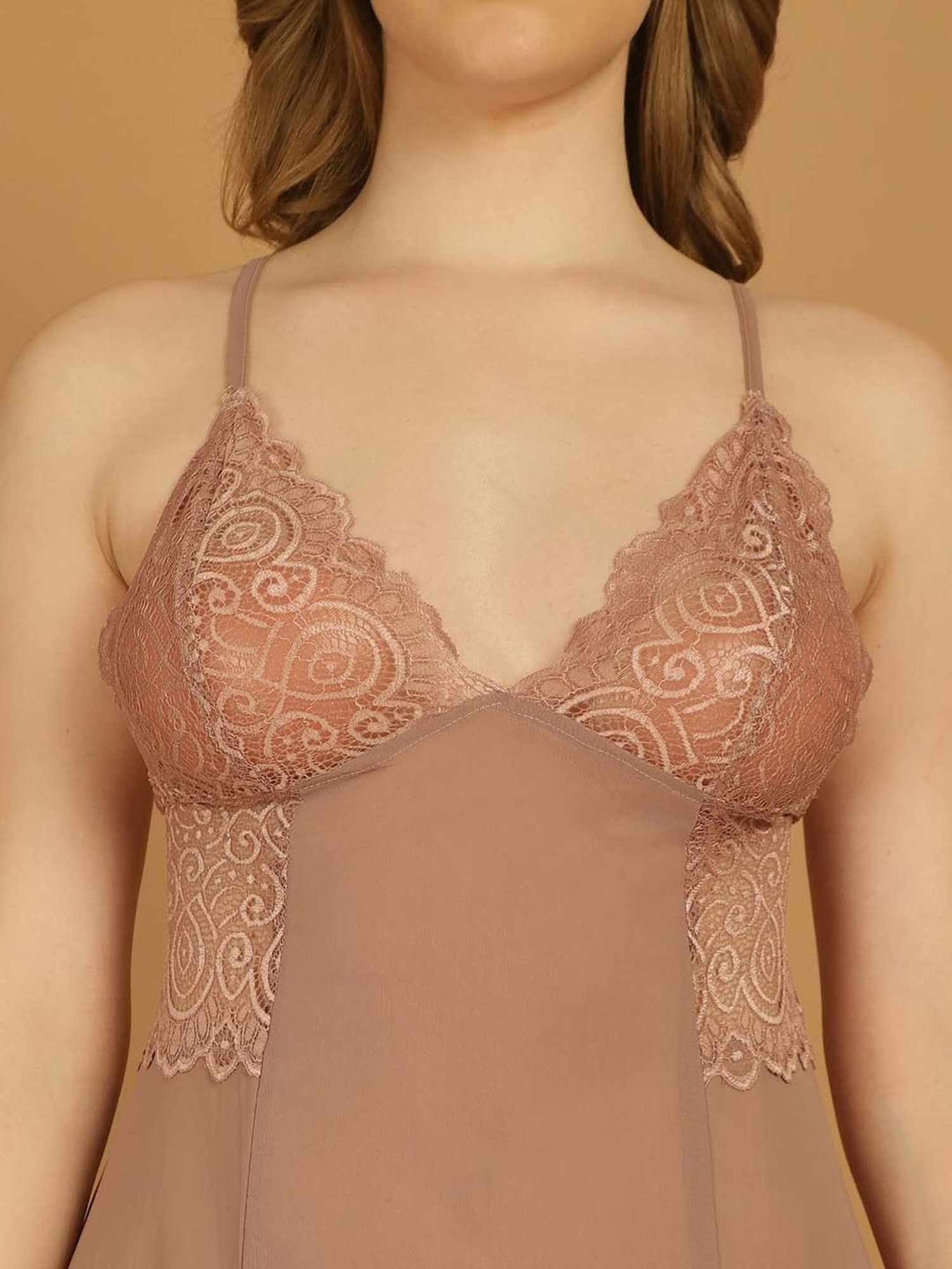 Stylee LIFESTYLE Beige Lace Work Babydoll With Brief