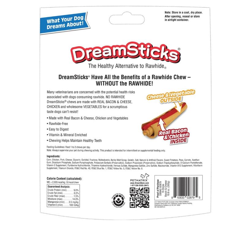 DreamBone Rawhide Free  Dog Chews Bacon & Cheese Flavored Sticks Dog Treats - 15ct