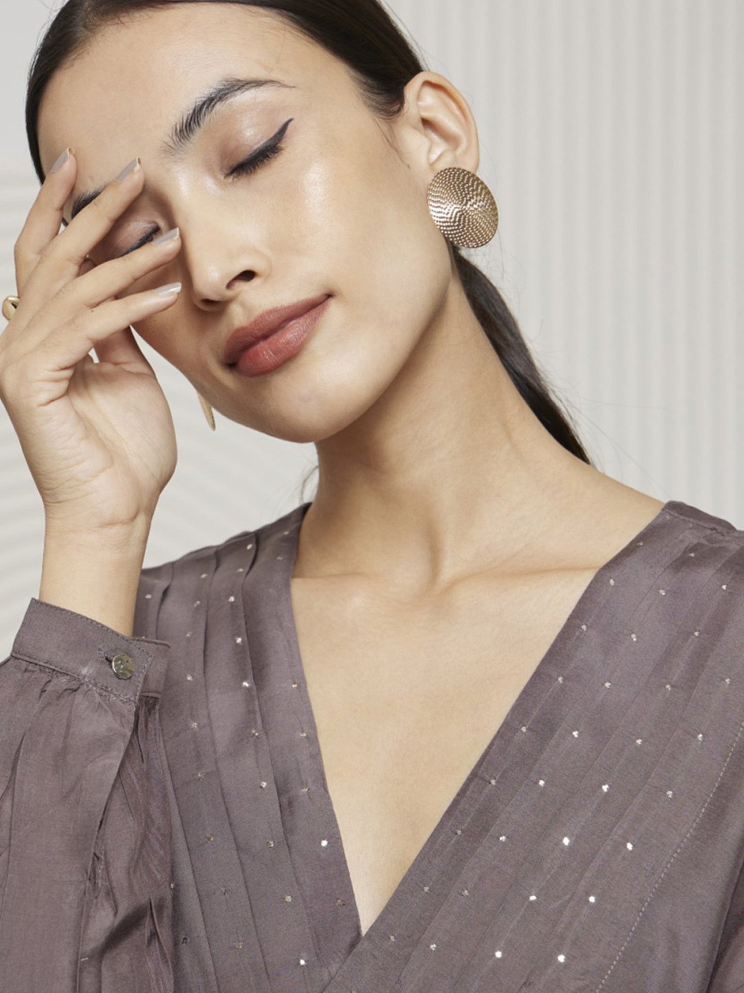 Artagai Granite Grey Kashida Pleated Fit And Flare Dress With Mukesh Work