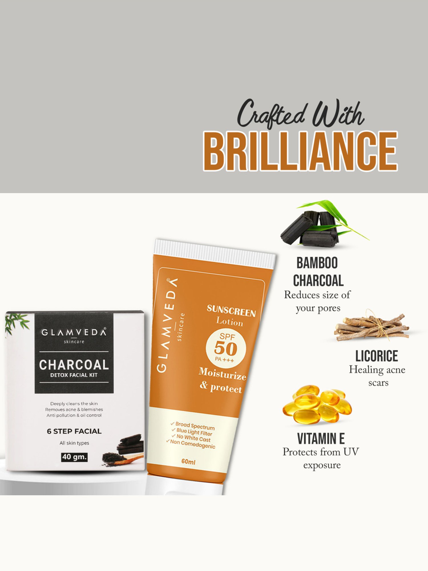 Glamveda Charcoal Detox & Anti Pollution Facial Kit & Hybrid Sunscreen Lotion SPF 50 PA+++ Combo