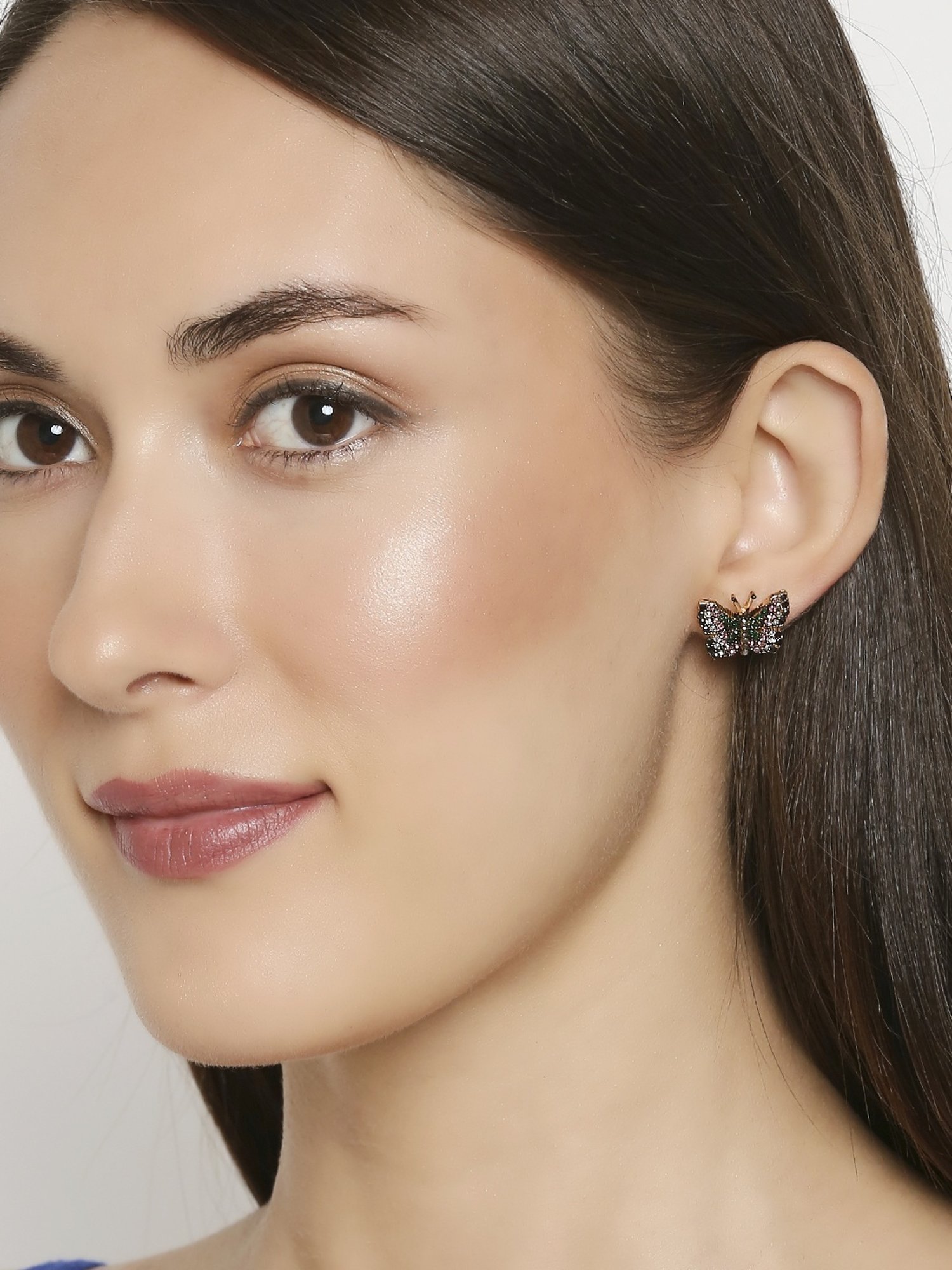 OOMPH Golden Tone Delicate Black & Pink Crystal Butterfly Small Stud Earrings for Women - Set of 2