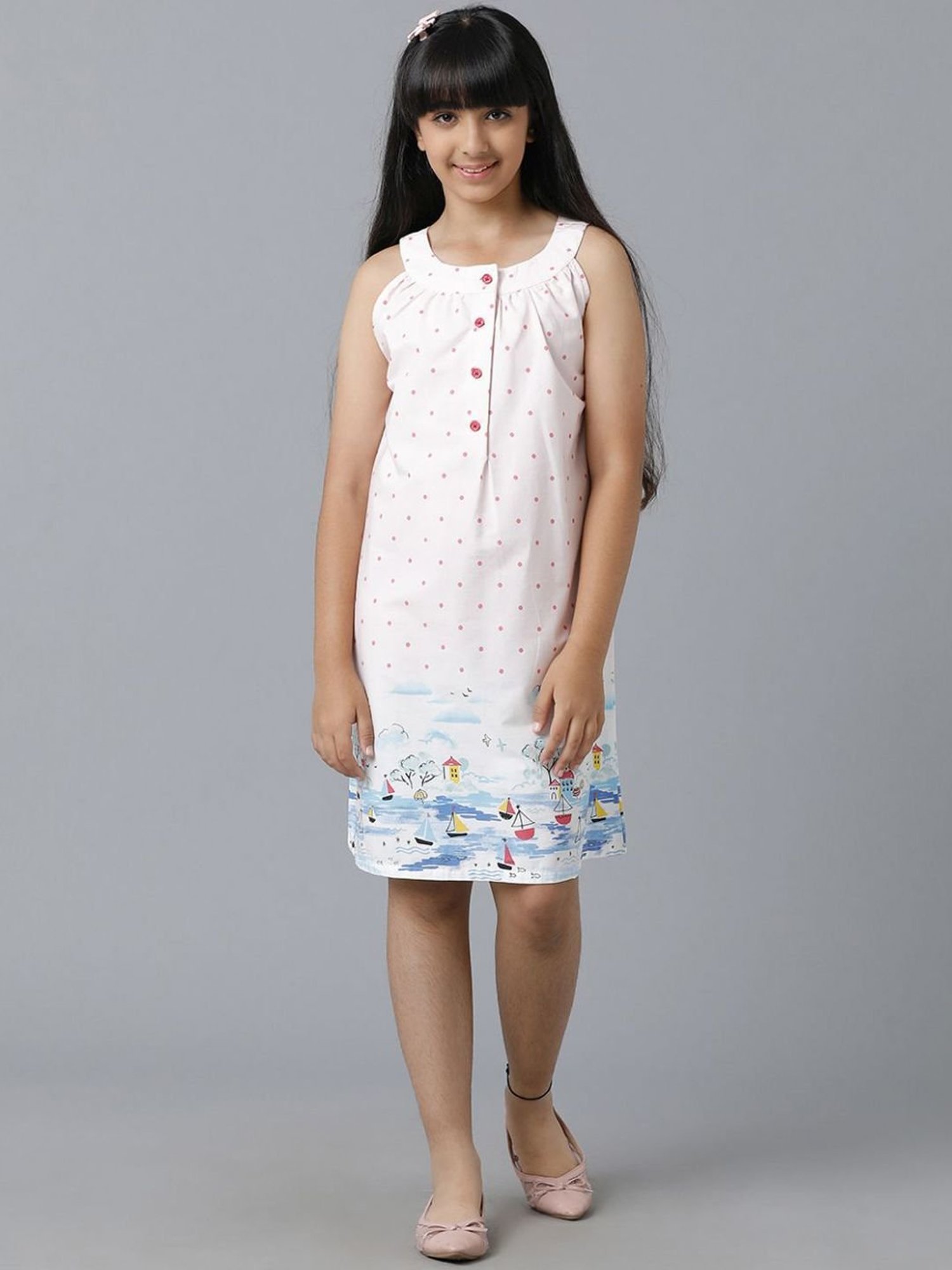 Under Fourteen Only Kids White & Blue Cotton Printed Dress