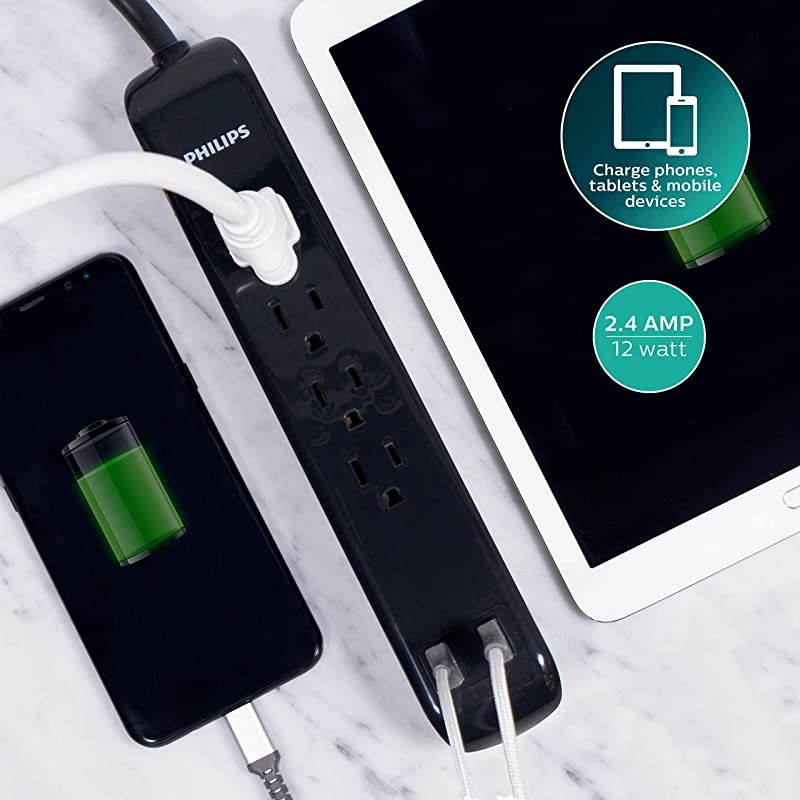 4 Outlet Power Strip Surge Protector 2 USB Charging Ports 3ft Power Cord Flat Plug Wall Mount 450 Joules ETL Listed Black SPP6242BC37