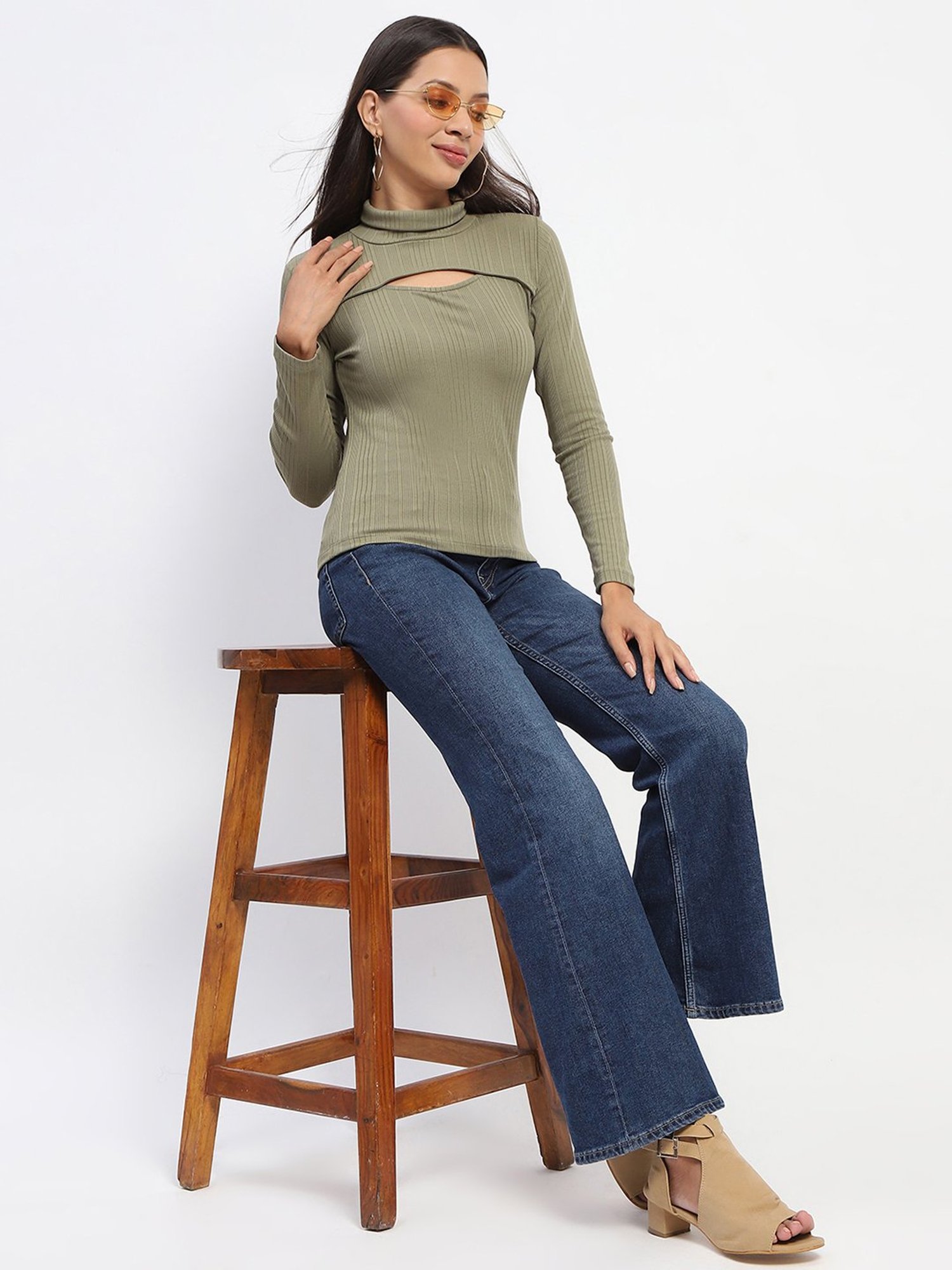 MADAME Sage Green Cotton Slim Fit Top