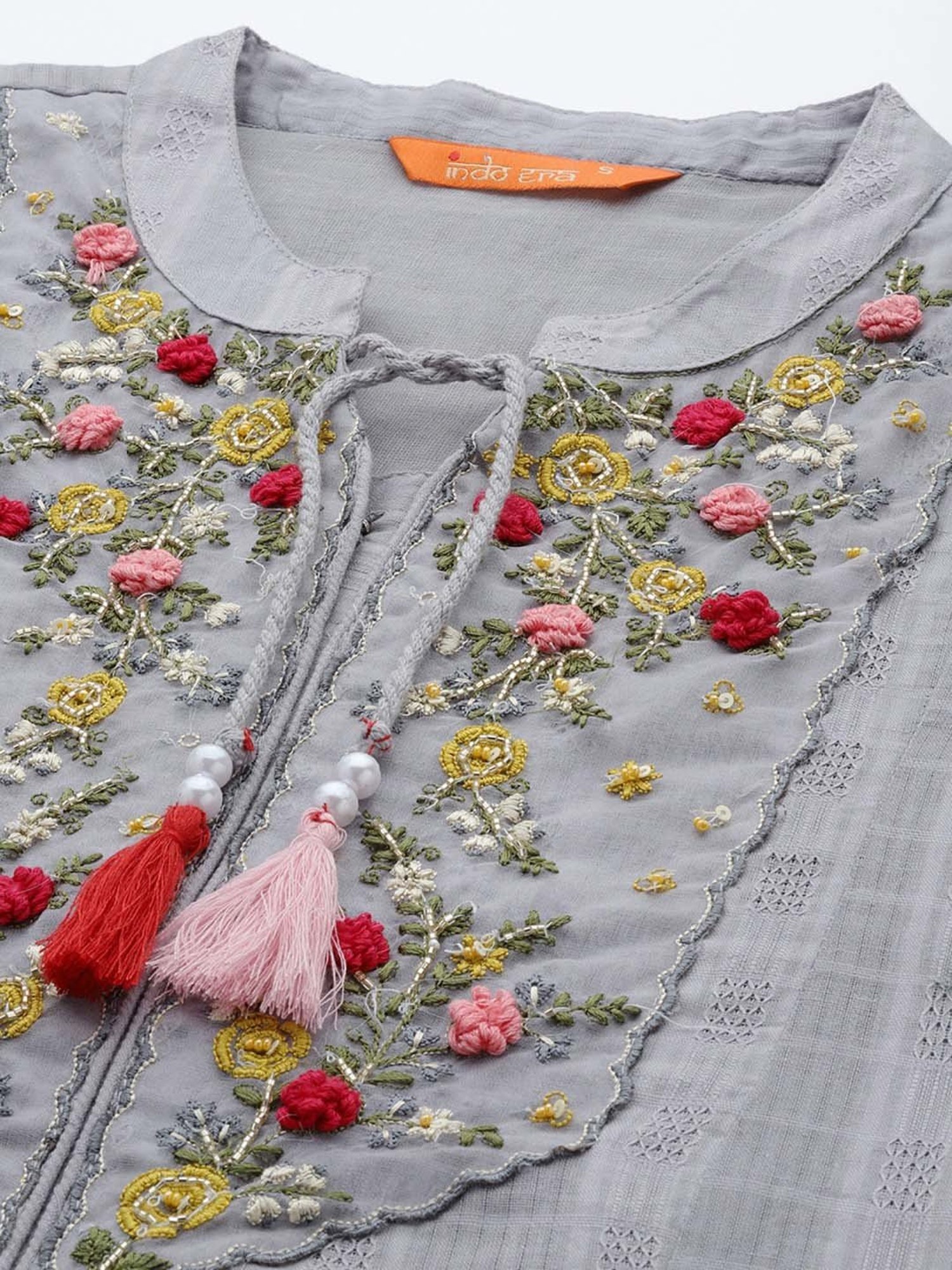 Indo Era Grey Cotton Embroidered Kurta Pant Set With Dupatta