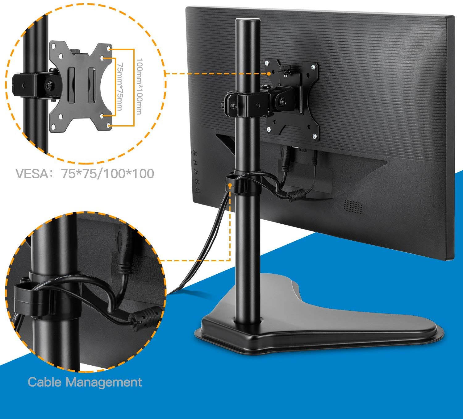 HUANUO Single LCD Monitor Stand, 2020 Upgraded Free Standing VESA Desk Mount fits One Screen up to 32 inches,17.6 lbs. Adjustable Height, Tilt, Swivel, Rotation