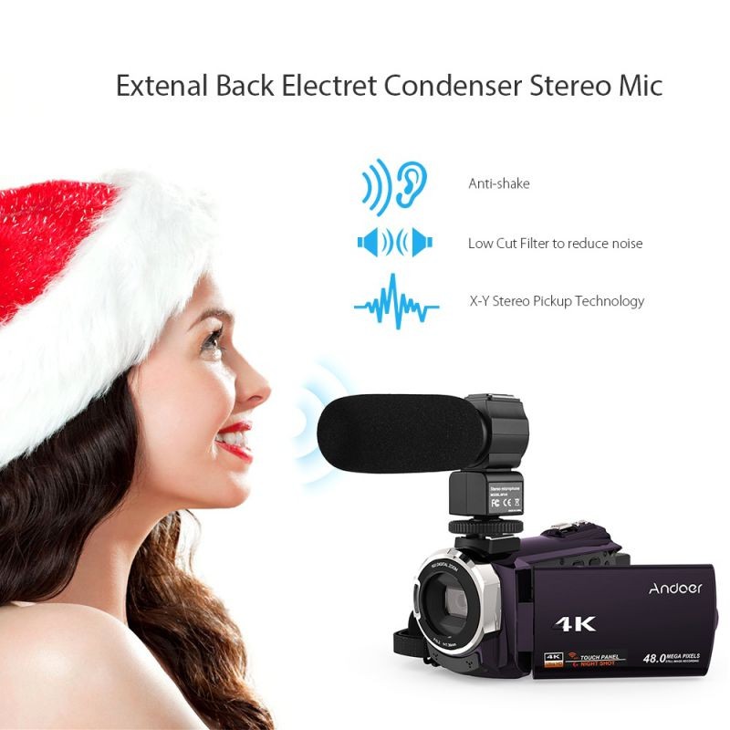 Andoer 4K 1080P 48MP WiFi Digital Video Camera Camcorder Recorder with 2pcs Rechargeable Batteries + External Microphone Novatek 96660 Chip 3inch Capacitive Touchscreen IR Infrared Night Sight