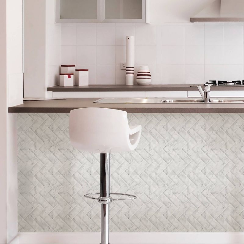 Brewster Herringbone Carrara Peel & Stick Wallpaper Backsplash White