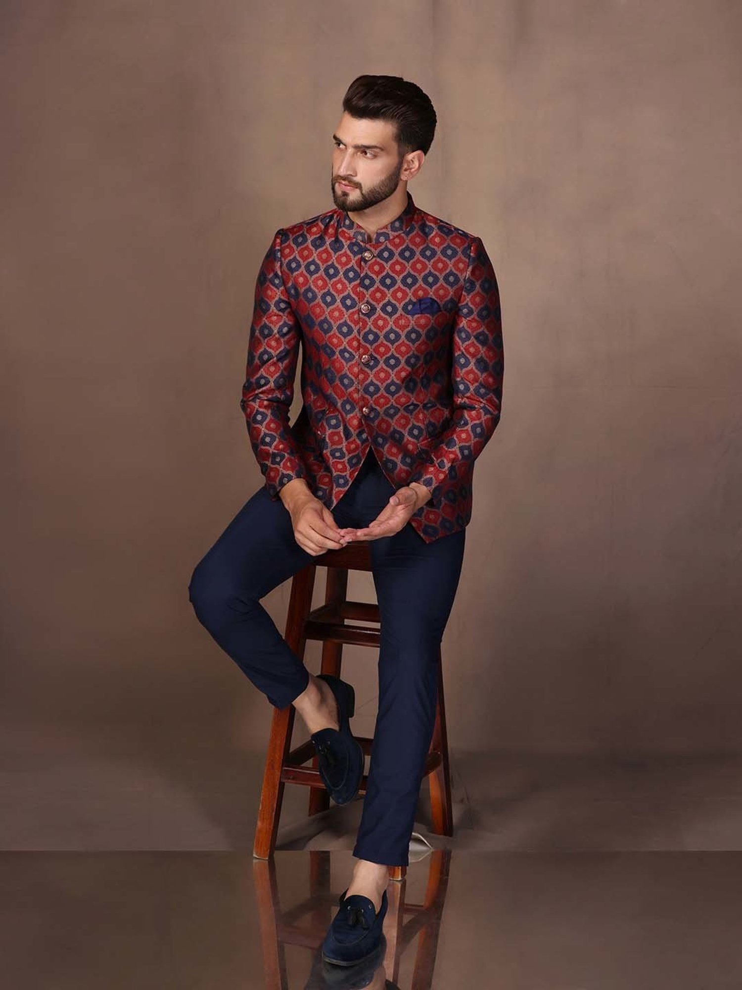 KISAH Maroon & Blue Regular Fit Self Design Ethnic Blazer