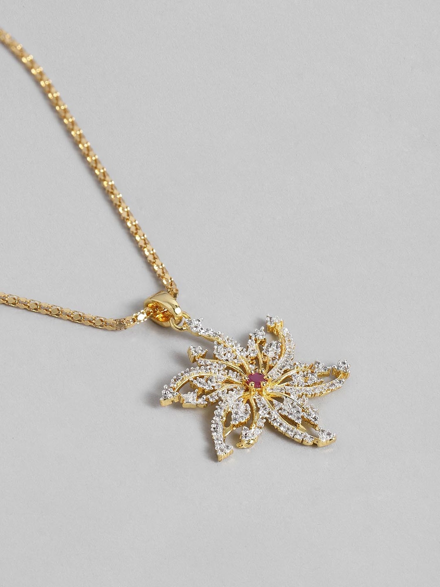 Estele Gold-Plated Pink & White CZ Daisy Flower Pendant Set for Women