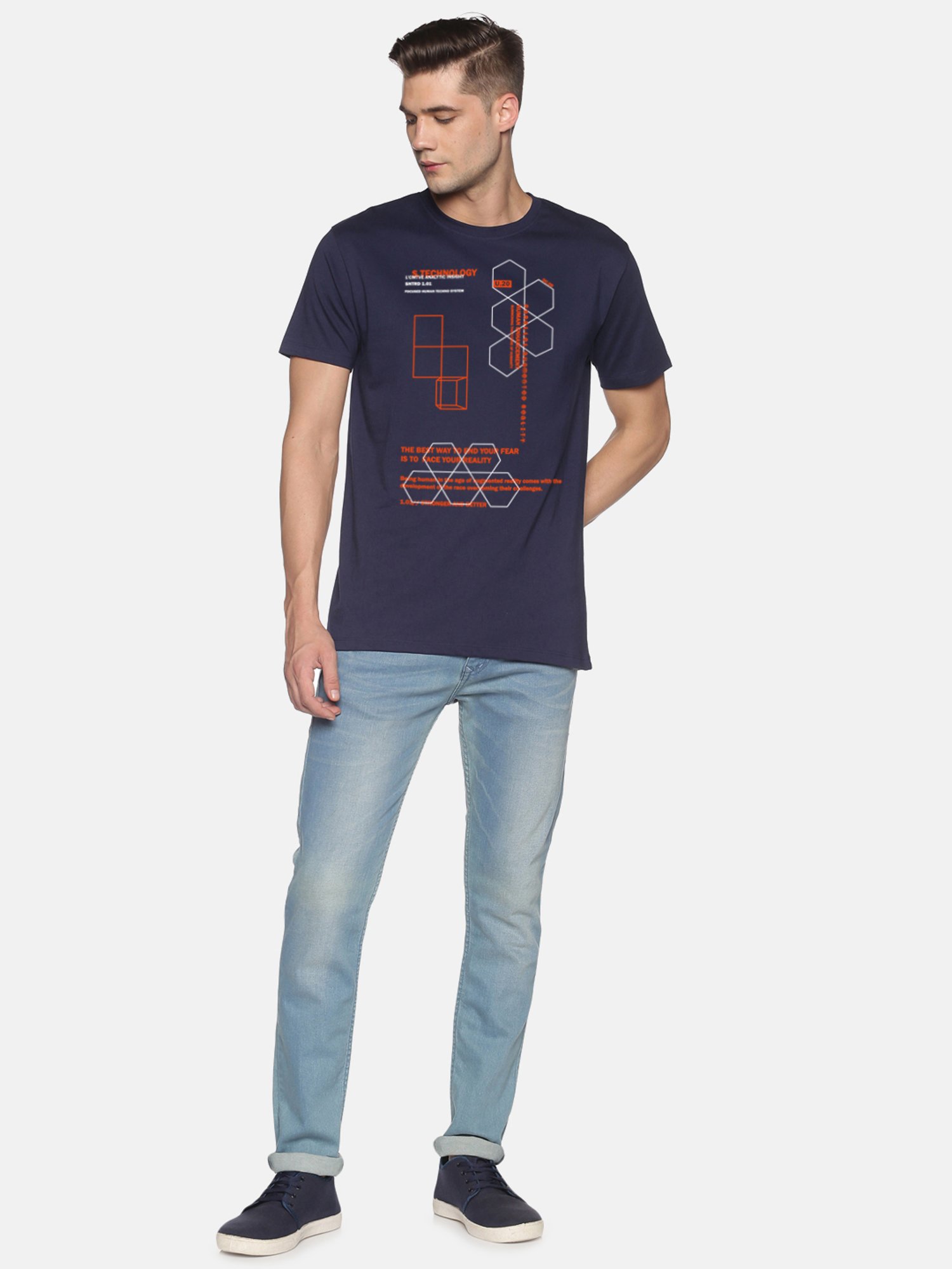 BLACK RADIO Navy Slim Fit Printed Cotton Crew T-Shirt