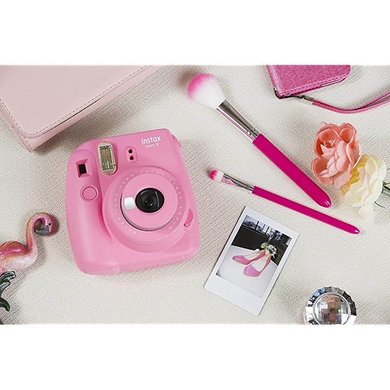 Instax Mini 9 Instant Camera - Flamingo Pink, Instant Mini Rainbow Film, and Instax Groovy Camera Case - Pink