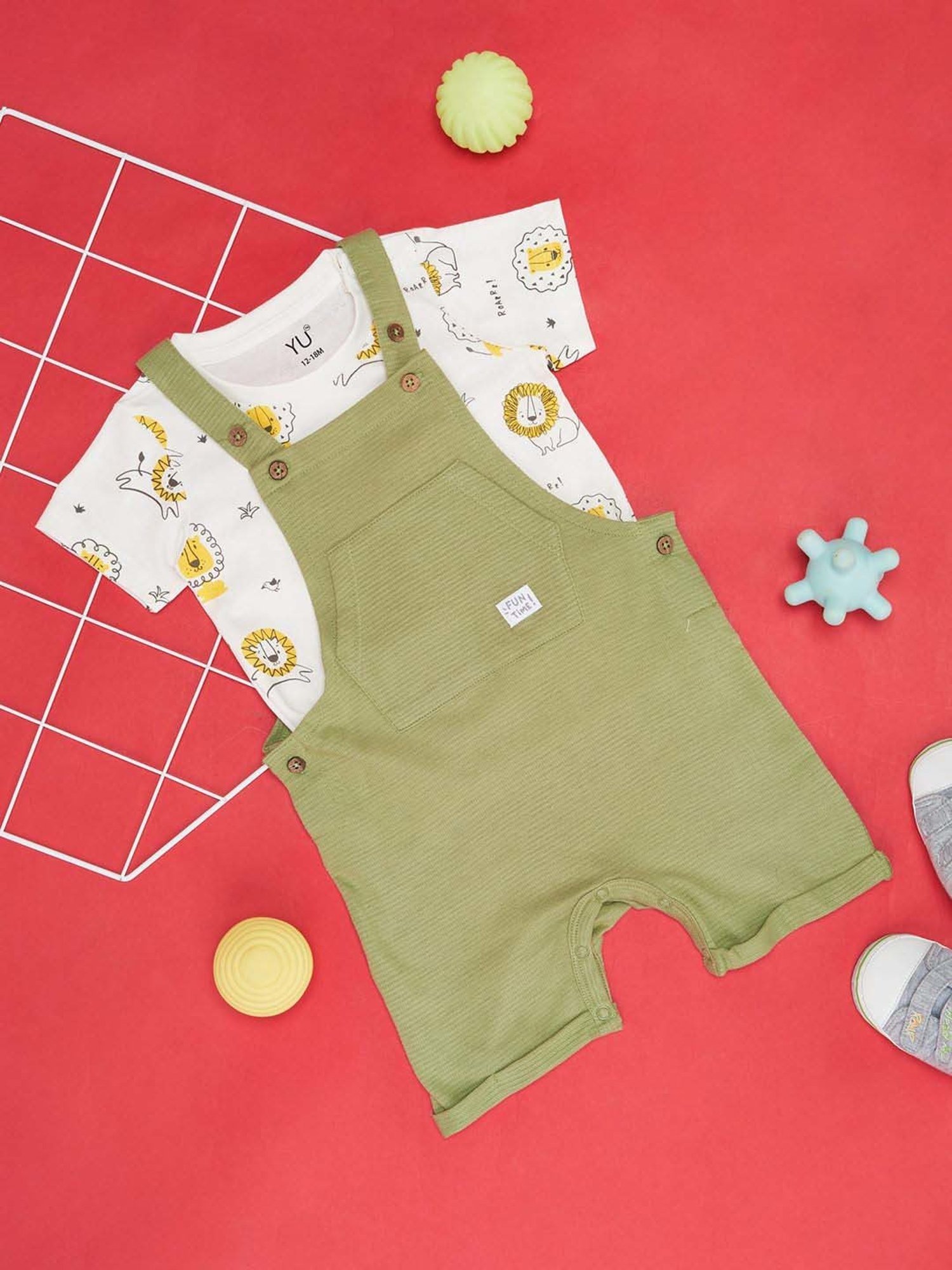 YU by Pantaloons Kids Olive & White Cotton Printed Dungaree Set