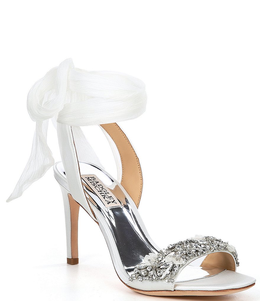 Badgley Mischka Bobbie Crystal Ornament Detail Satin Ankle Wrap Dress Sandals