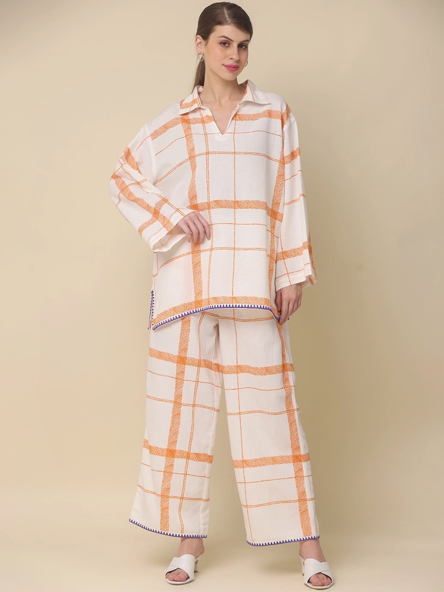 Zolo Label White Cotton Chequered Top Palazzo Set