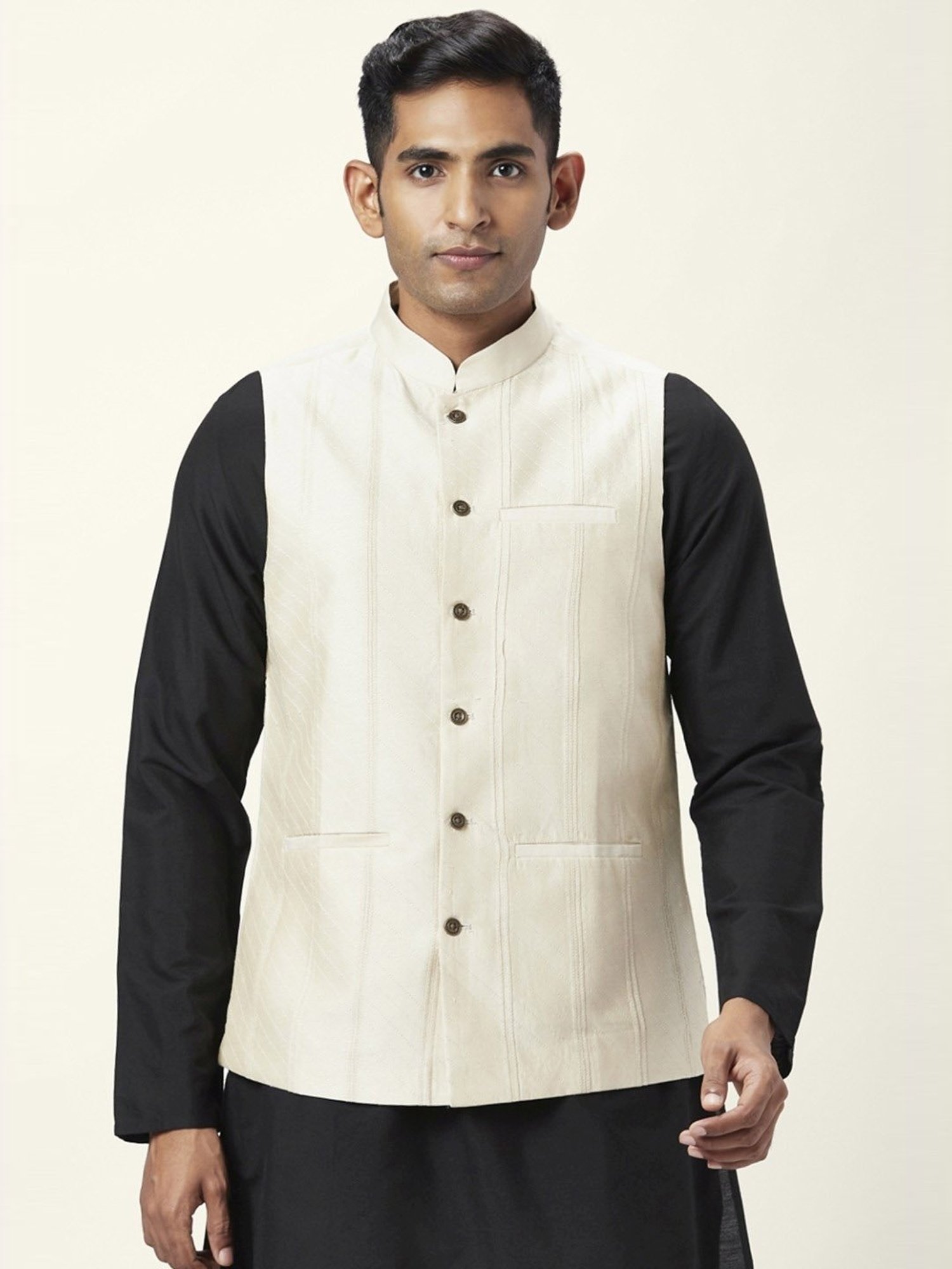 Indus Route By Pantaloons Beige Regular Fit Embroidered Nehru Jacket