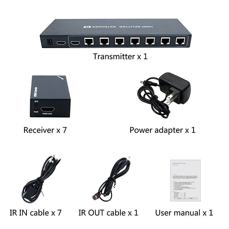 Extender Splitter with IR 1x7 1080P Over Ethernet Cable Cat 5E/6/7 Up to 50m (165ft) Support loopout EDID Copy POC Function (1 in 7 Out)