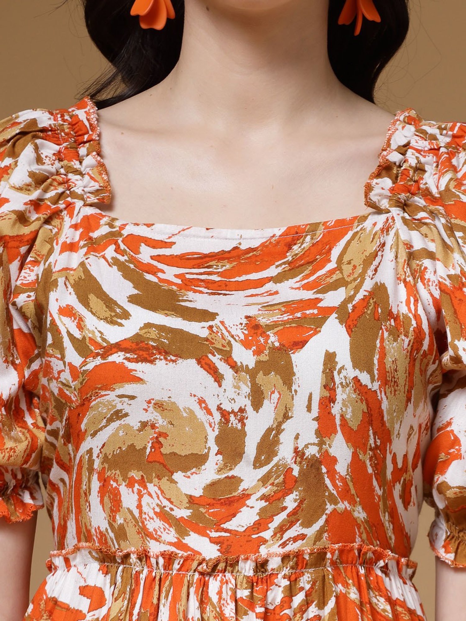 Indibelle Orange Printed Ethnic Dress