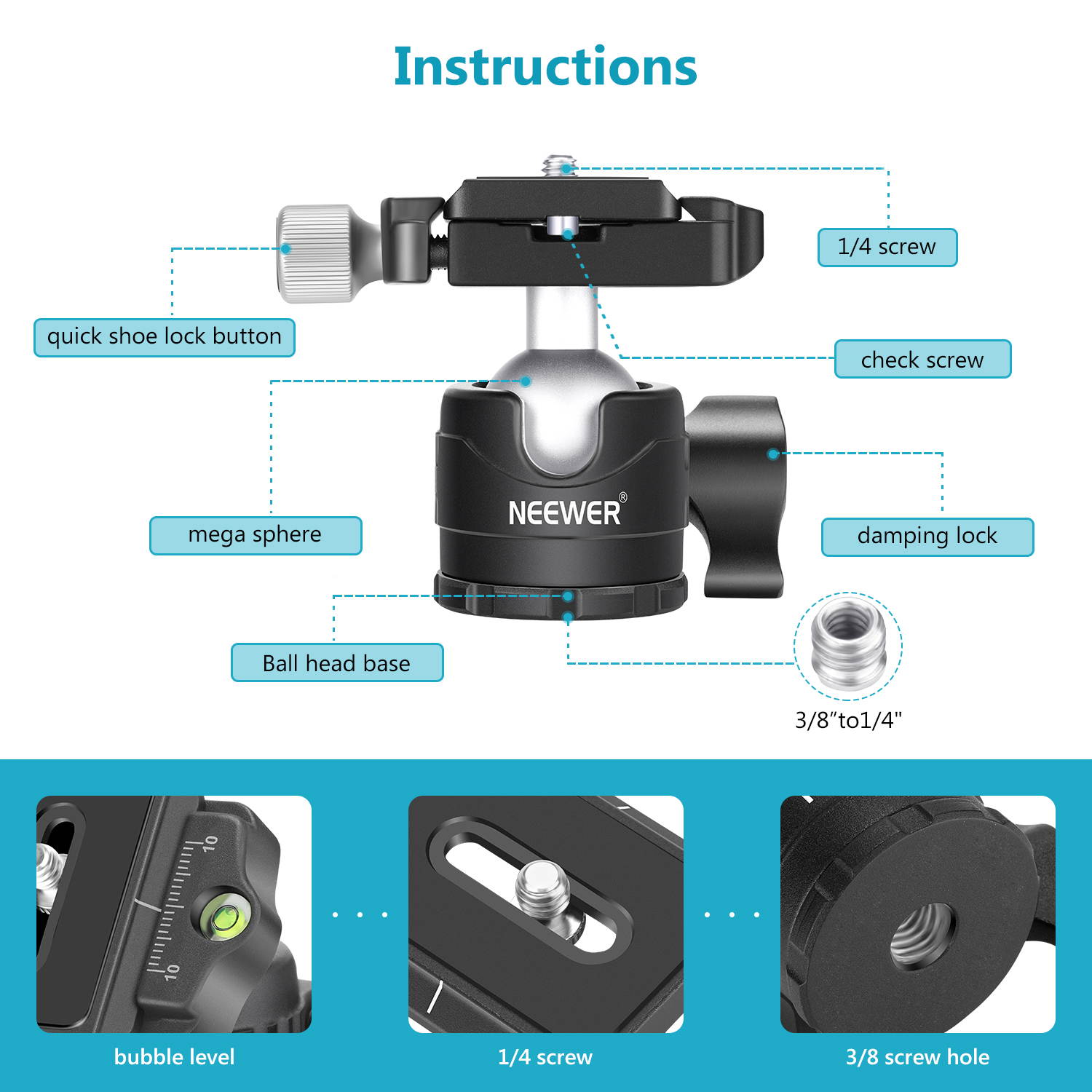 Neewer Low-Profile Ball Head 360 Degree Rotatable Tripod Head for DSLR Cameras Tripods Monopods