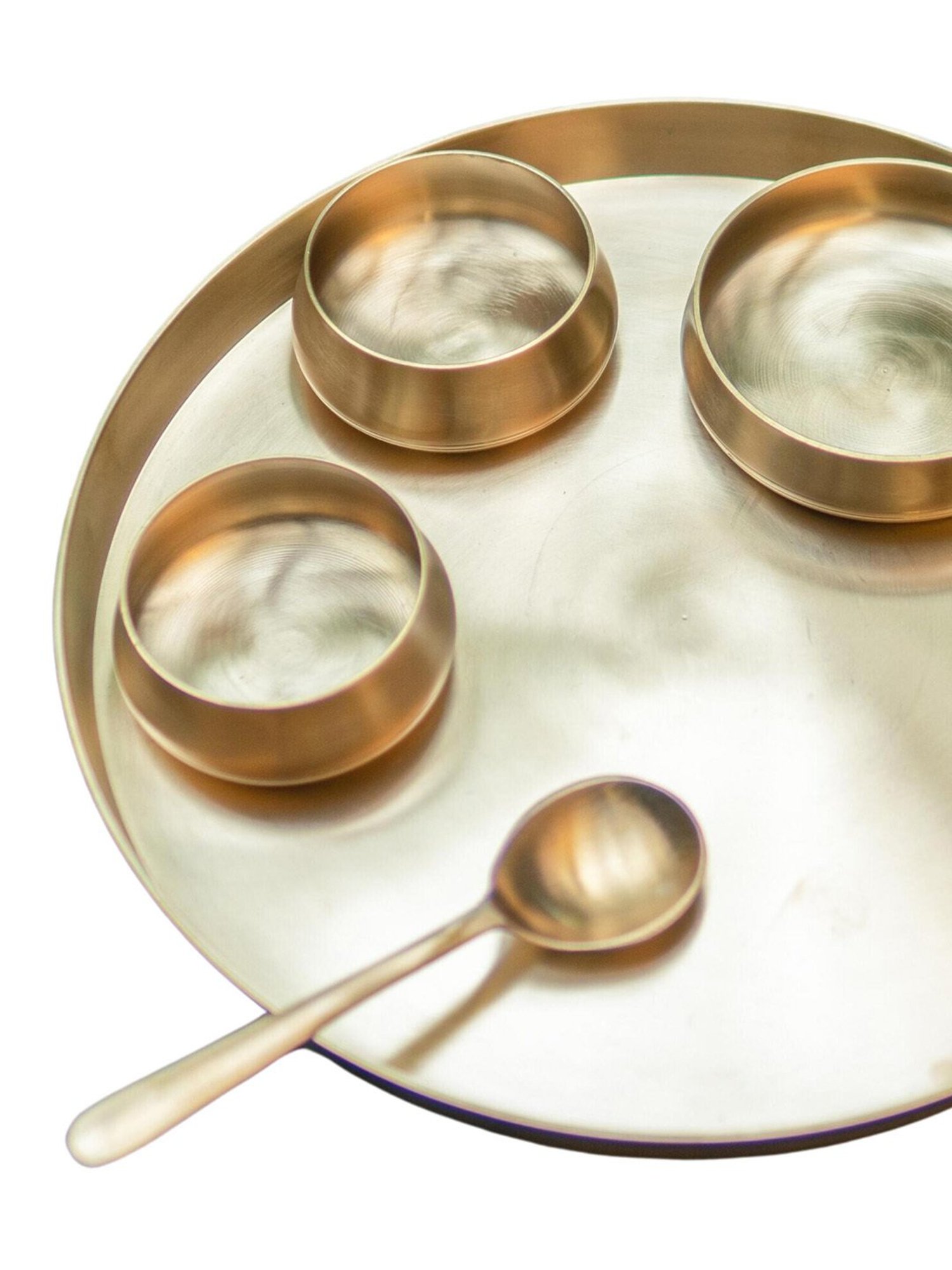 Ambi Curved Brass Thali Set - Set Of 7 Pieces - Matt Finish - Heavy Grade