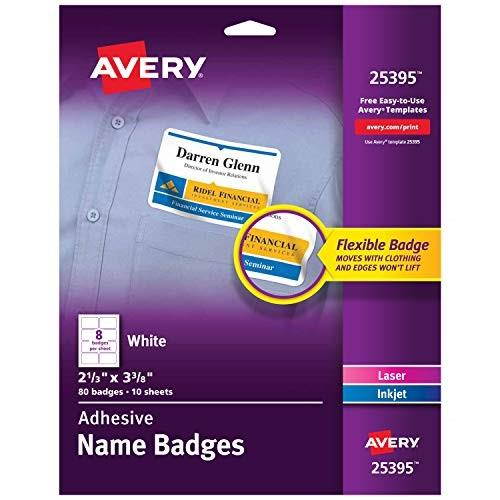 avery premium personalized name tags, print or write, 21/3" x 33/8", 80 adhesive tags,25395, white