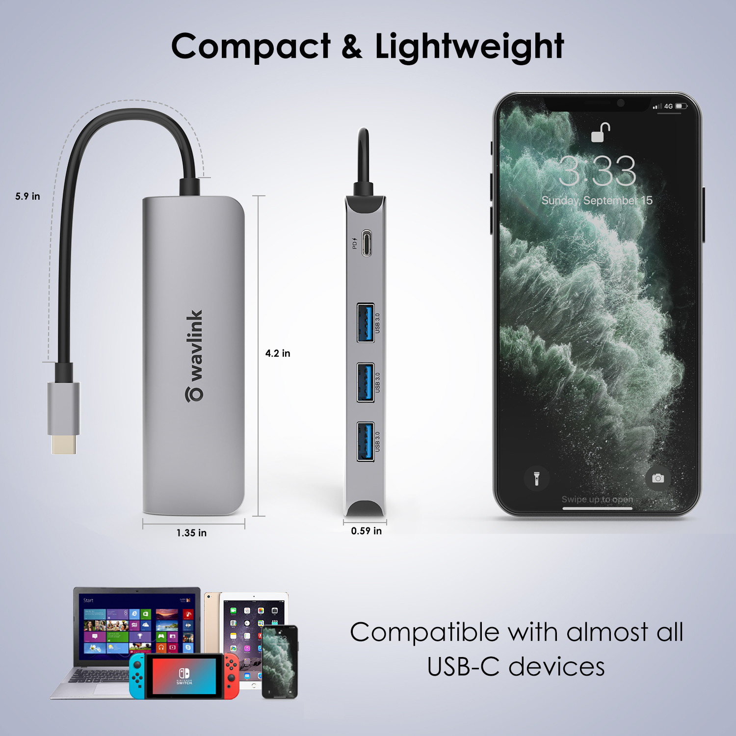 Wavlink USB C Hub, Type C Adapter Mini Docking Station with 4K HDMI Port, 2 USB 3.0, TF/SD Card Reader, USB-C PD3.0 100W  and Thunderbolt 3, LED indicator For MacBook Pro for MacBook Pro/Air