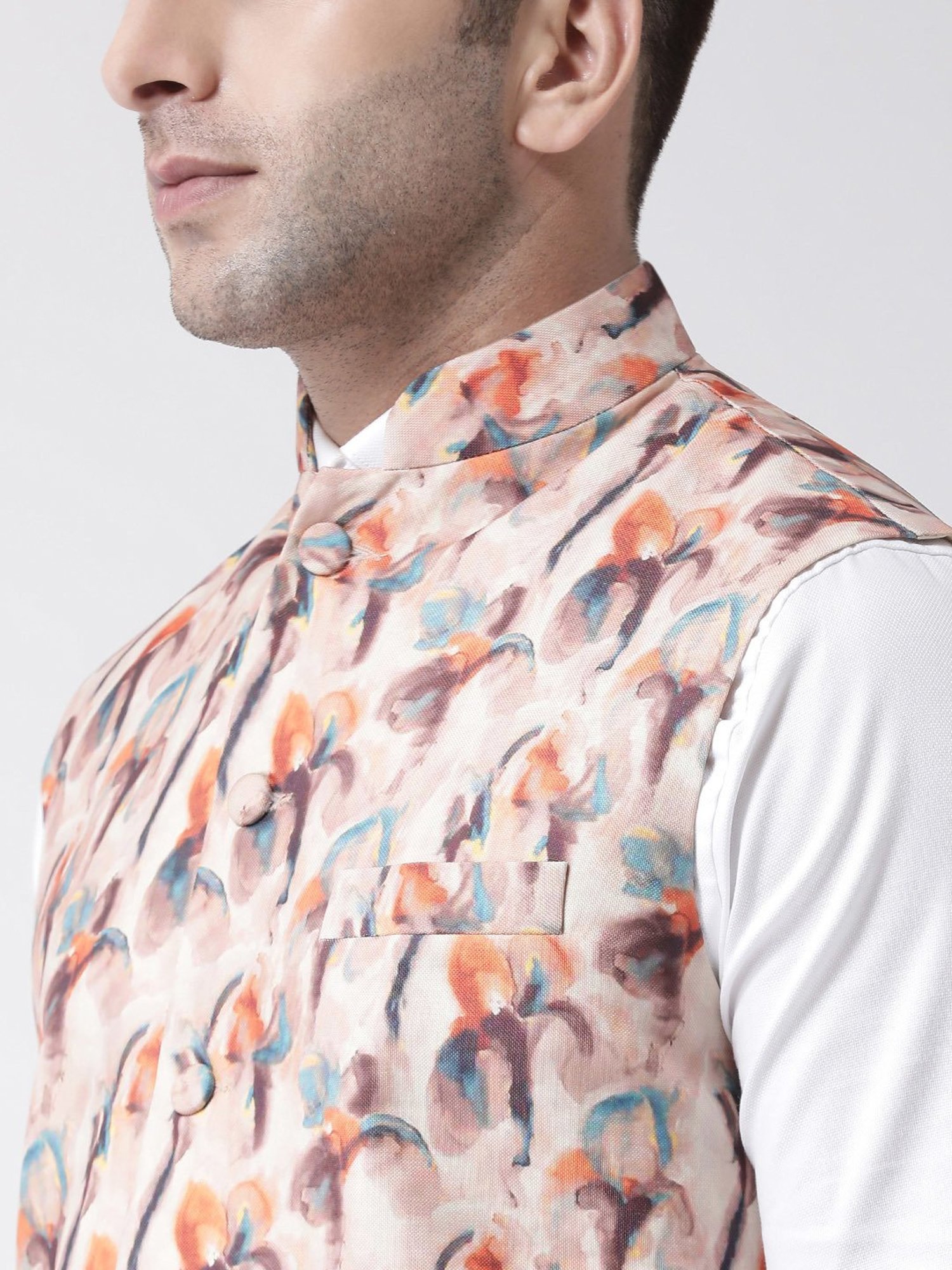 Hangup Plus Cream Regular Fit Printed Nehru Jacket