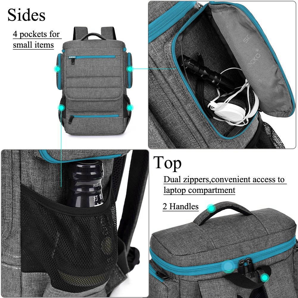 SOCKO 18.4 Inch Laptop Backpack, Multi-Functional Mens Womens Water Resistant Laptop Bag Briefcase Business Travel College Laptop Shoulder Bag for Up to 18-18.4 Inch Laptop Computer,Gray