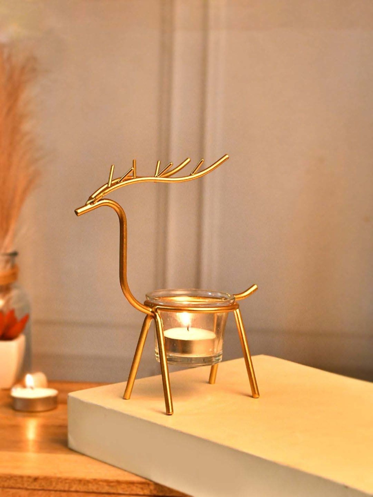 Tayhaa Golden & Transparent Metal Reindeer Tealight Candle Holder