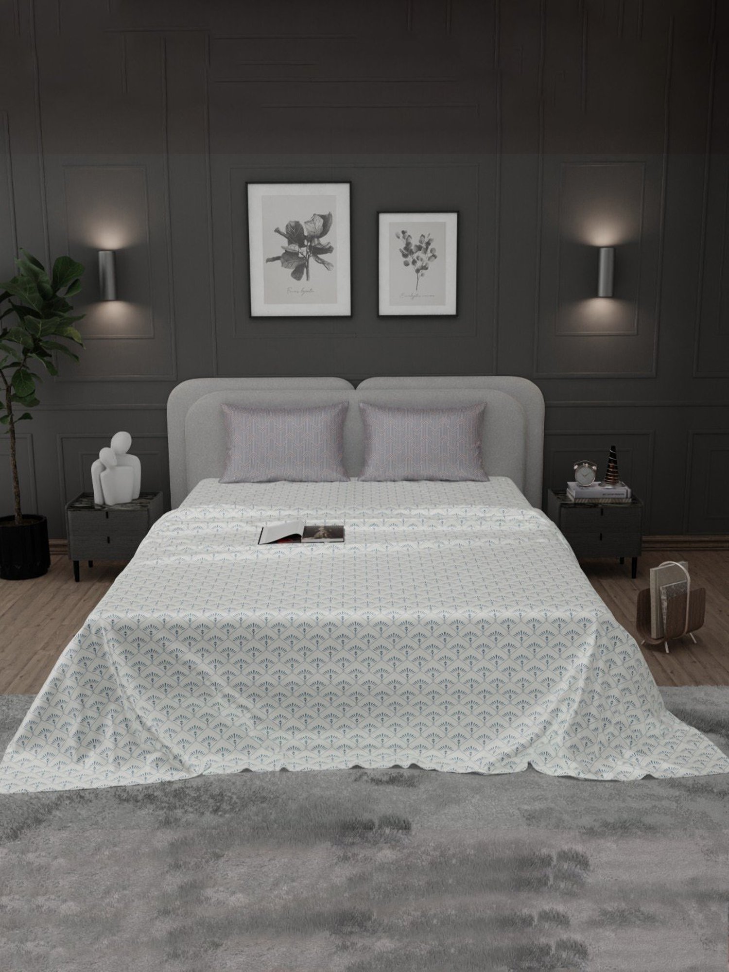 Stoa Paris Elegance Blue Polyester 300 TC Sateen King Size Bed Sheet With 2 Pillow Covers