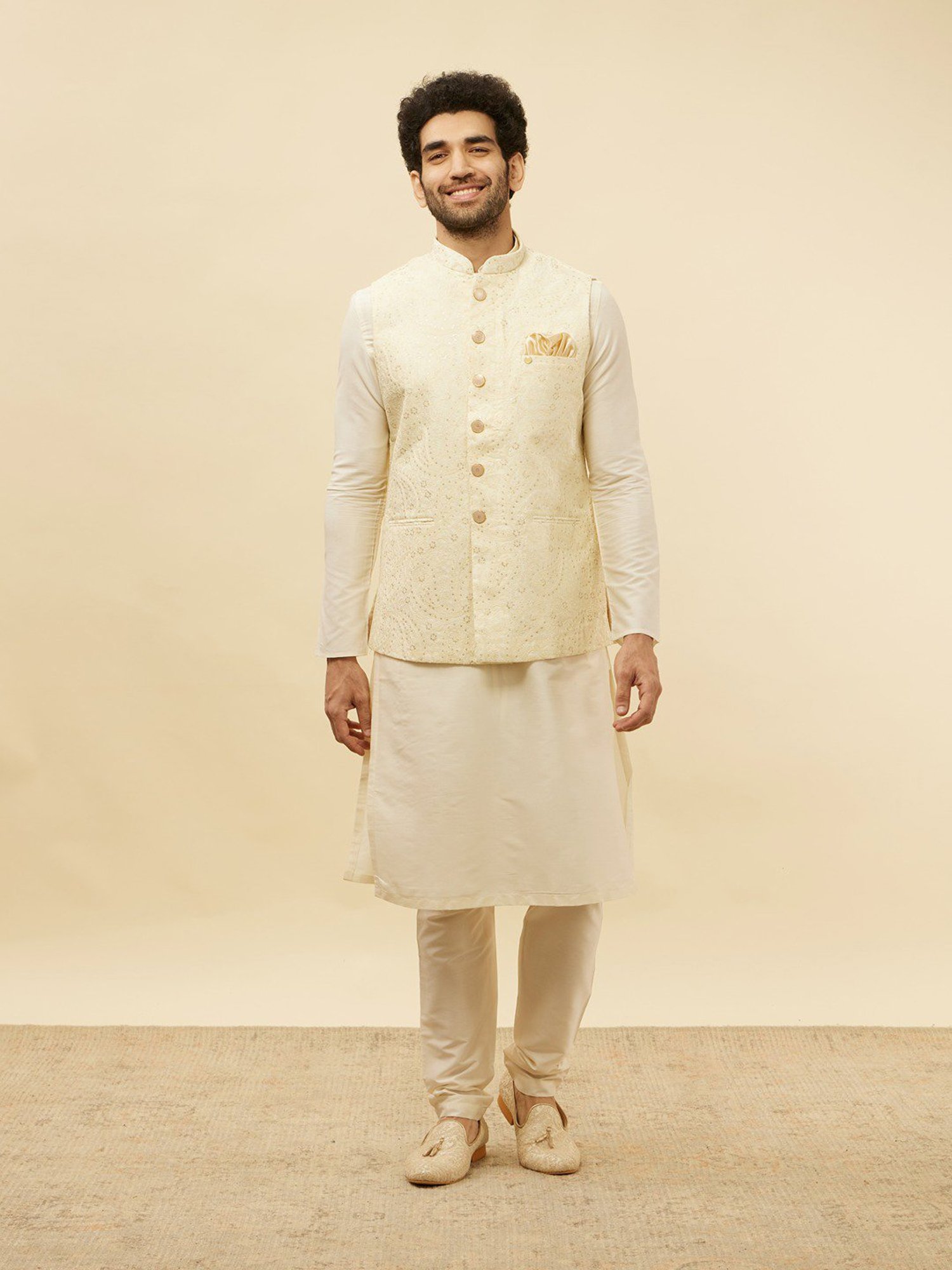 Manyavar Cream Regular Fit Self Design Nehru Jacket