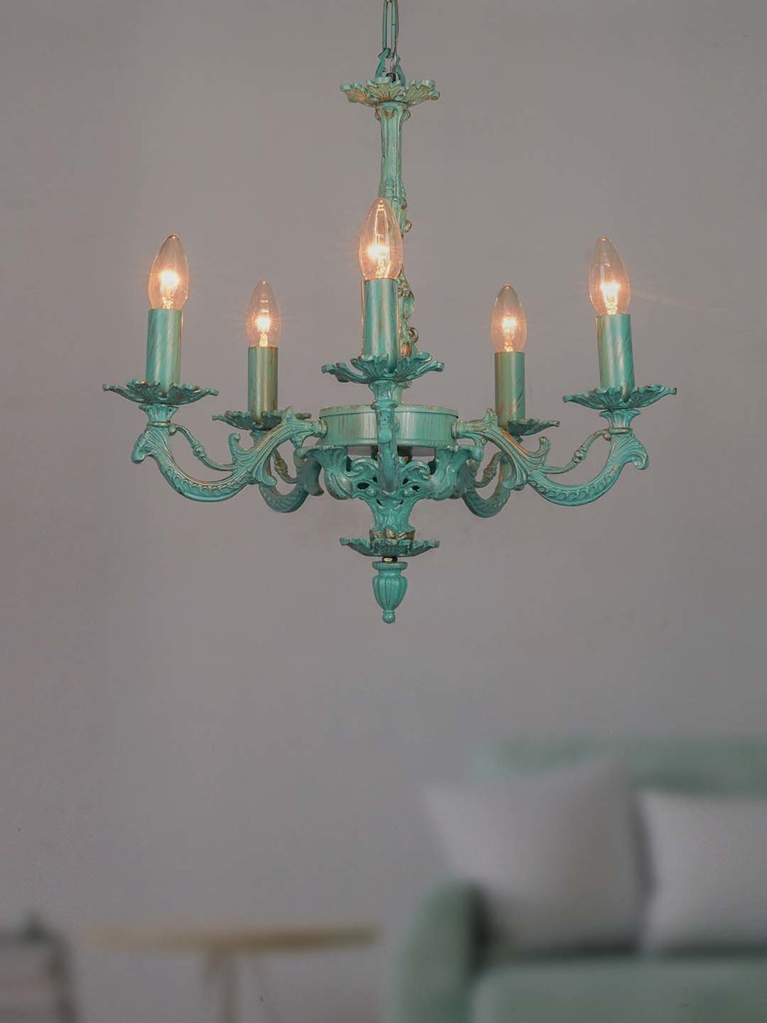 FOS LIGHTING Distressed White & Green Aluminium 5-In-1 Candlebra Chandelier