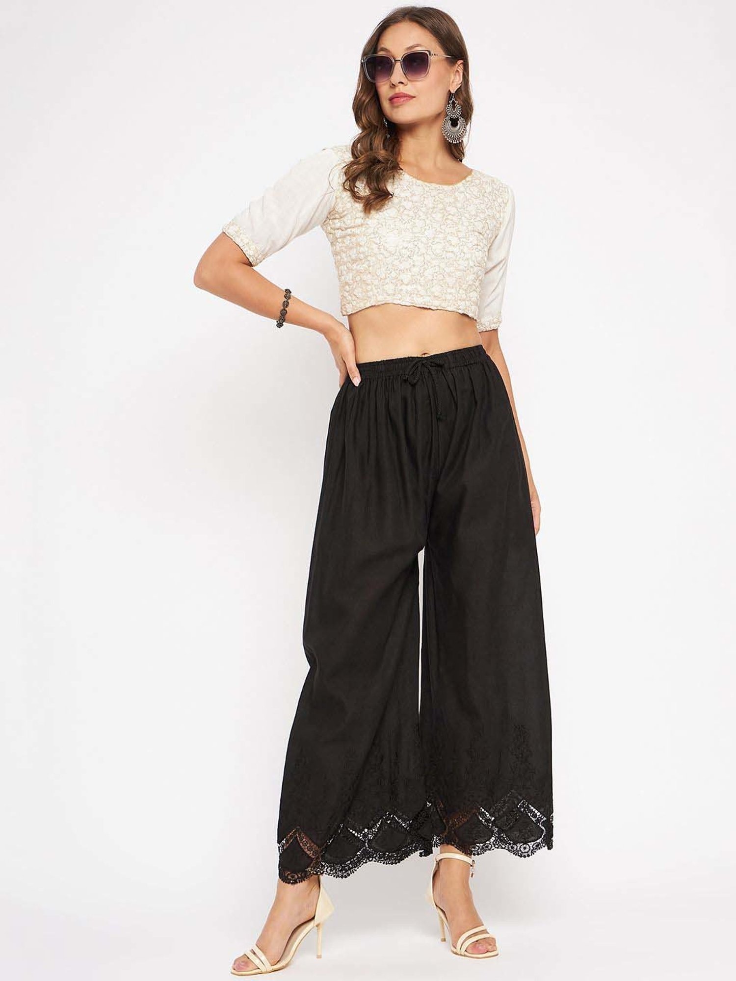 Castle Black Cotton Embroidered Palazzos