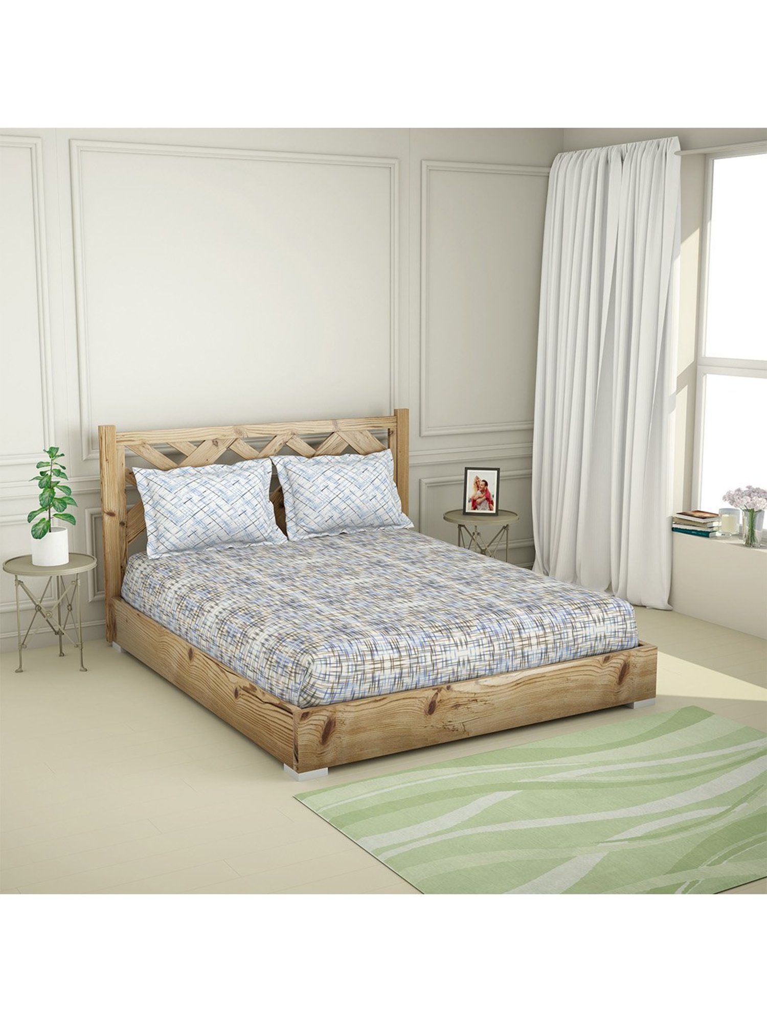 Spaces Ink Blue Organic 210 TC Cotton Bedsheet with 2 Pillow Covers