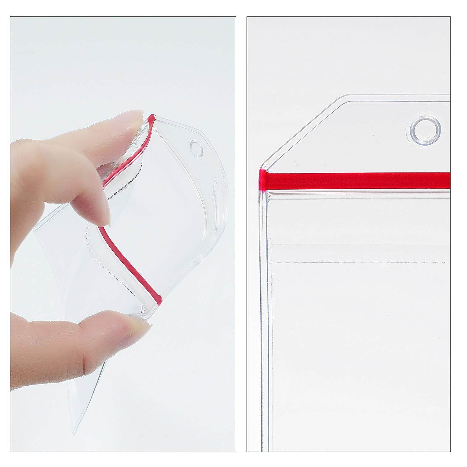 Badge Holder, 10 Pack PVC Heavy Duty Clear Name ID Card Holder With Waterproof Resealable Zip by Wisdompro - Horizontal Red