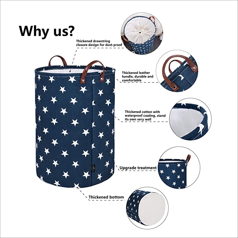 22-Inches Freestanding Laundry Basket with Lid, Collapsible Extra Large Drawstring Clothes Hamper Storage with Handle (Blue Star, XL)